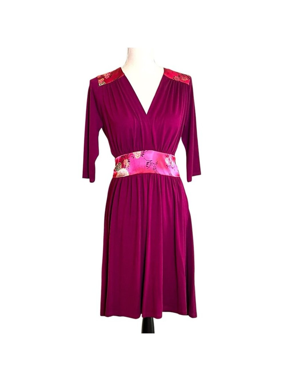 Vintage 90s Monteau Magenta Surplice Neck Dress Floral Waist Tie Stretch USA M